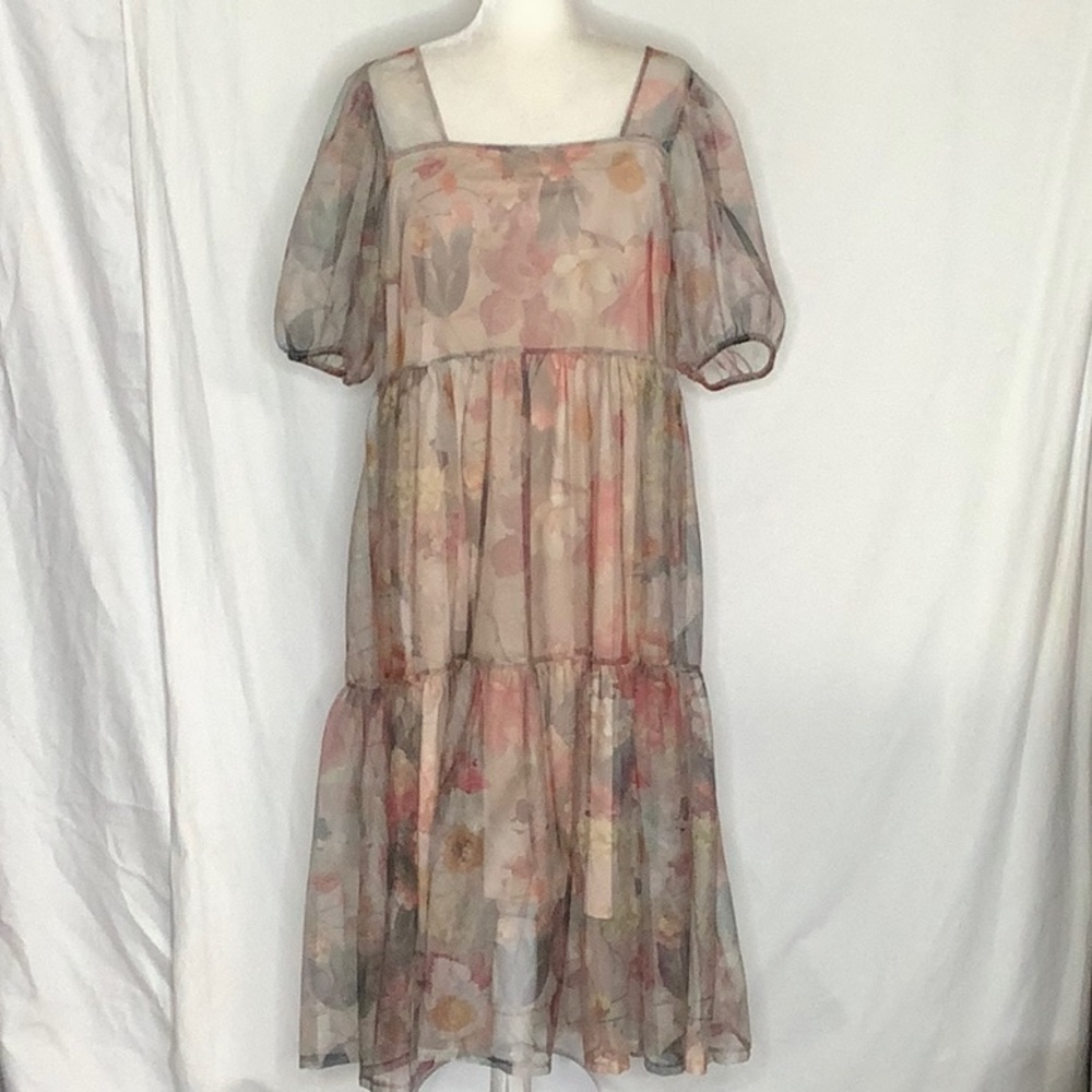 H&M Floral Tiered Puff Sleeve Midi Dress in Blush Multi